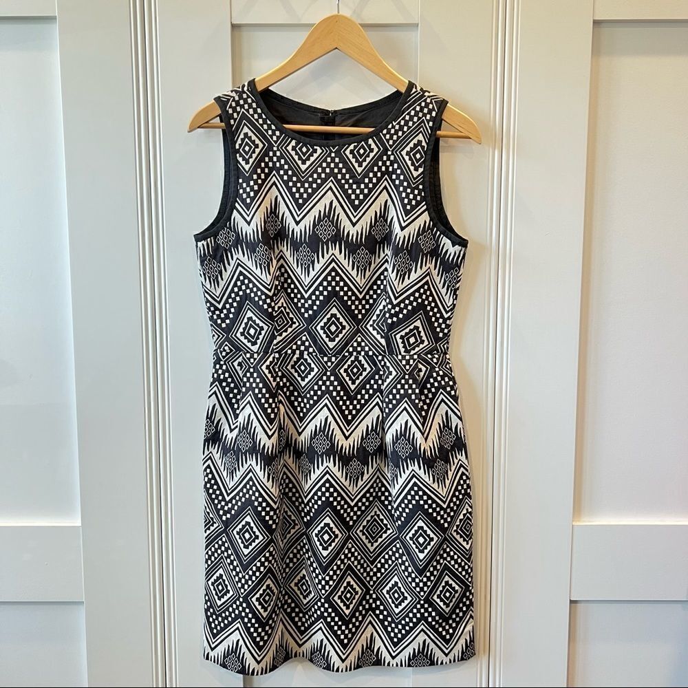 J. Crew Shift Dress Sleeveless Grey Cream Aztec Southwest Geometric Pattern 4